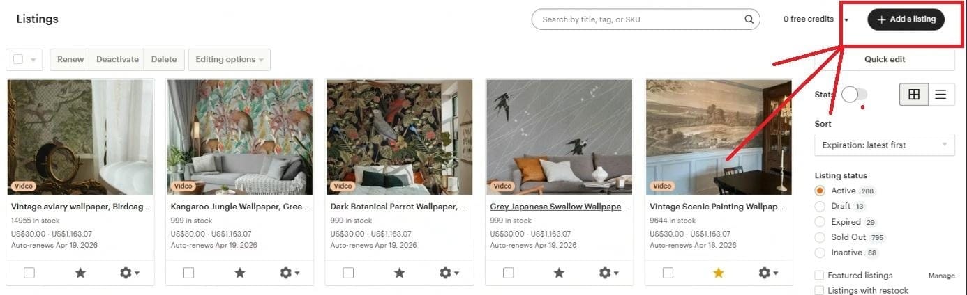 En el panel de listings haz clic en «Add a listing» en la esquina superior derecha.