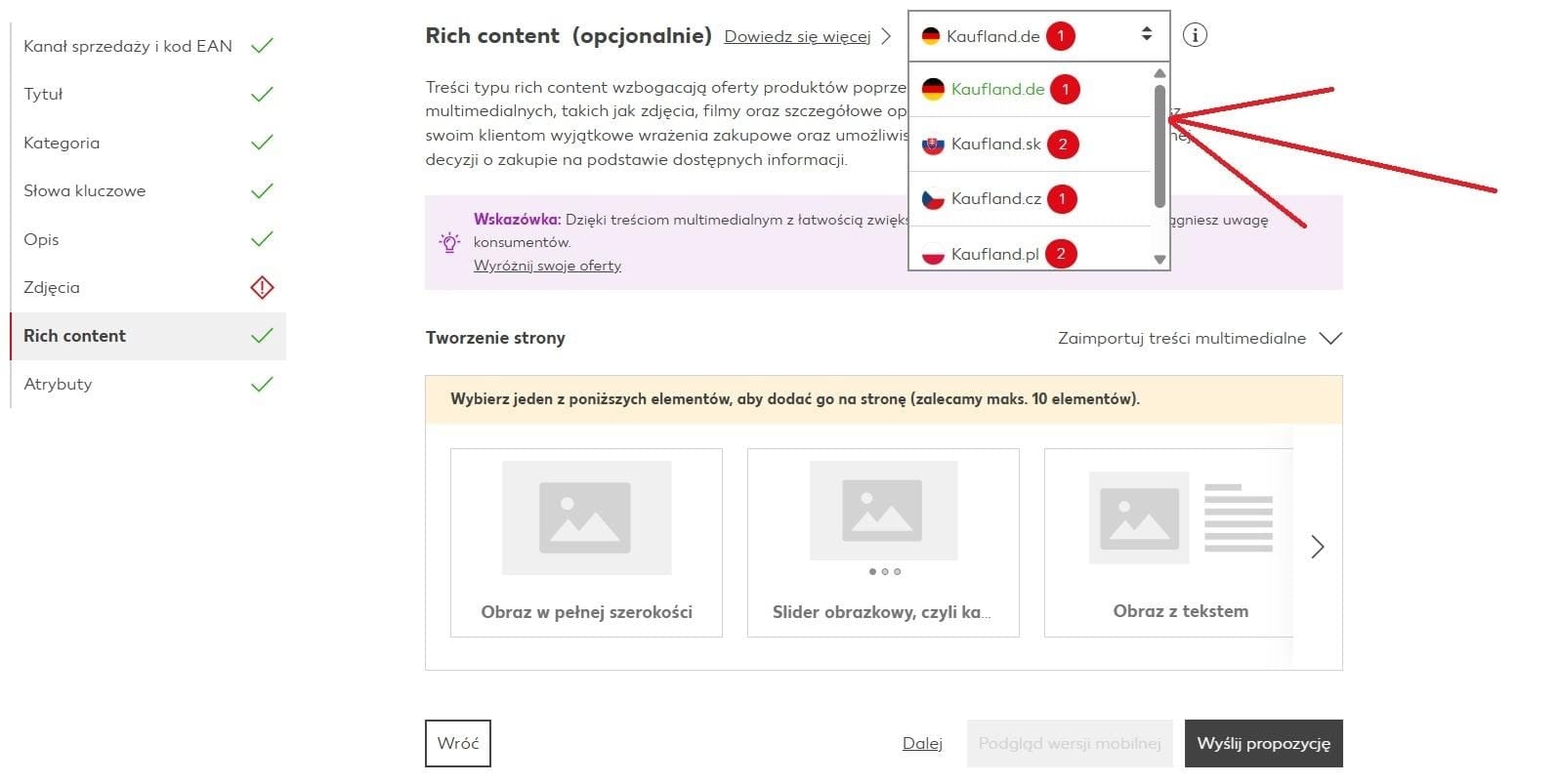 Selecciona el mercado en el que quieres introducir el Rich Content.