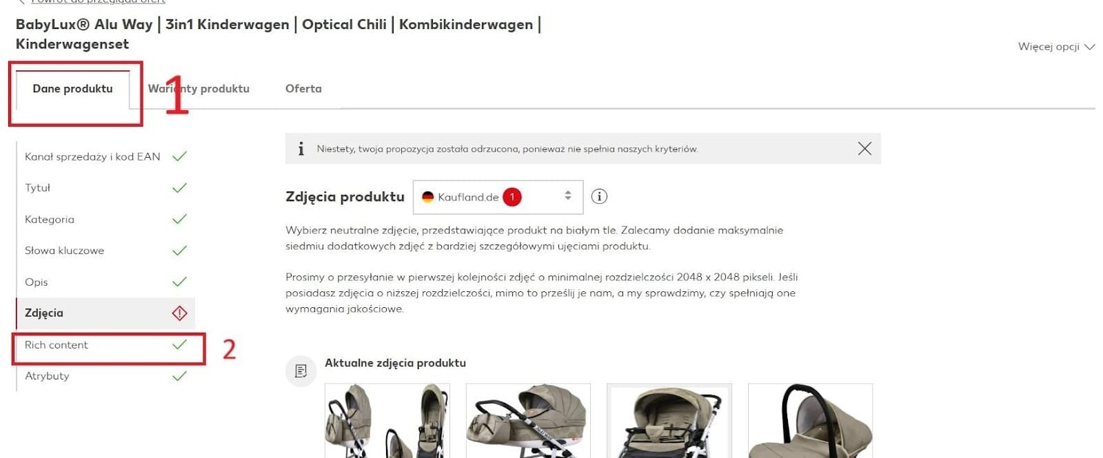 Selecciona la pestaña «Datos del producto». Verás una lista de elementos para editar, entre ellos «Rich Content».