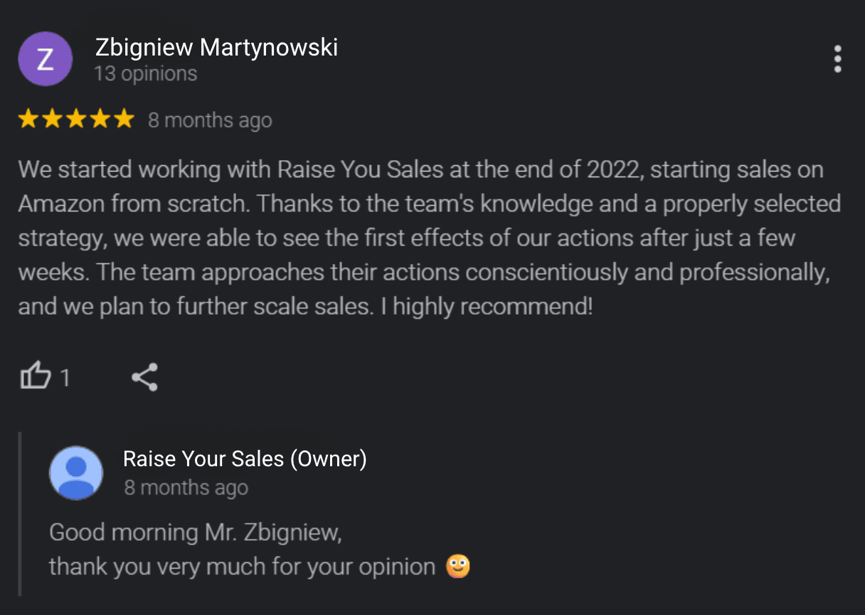 Opinión de Google de un cliente de la marca Igart sobre la colaboración con Raise Your Sales