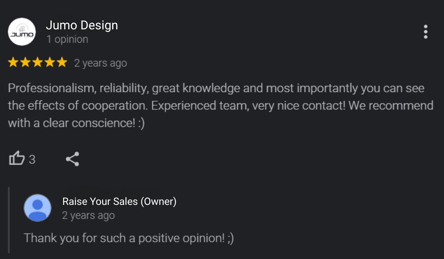 Opinión de Google de un cliente de la marca Jumo sobre la colaboración con Raise Your Sales