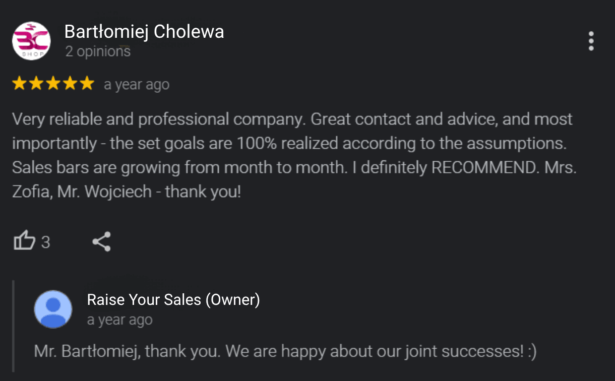 Opinión de Google de un cliente de la marca Lakma sobre la colaboración con Raise Your Sales
