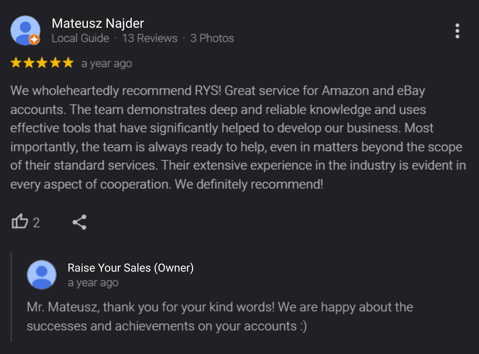 Opinión de Google de Mateusz Najder sobre la colaboración con Raise Your Sales