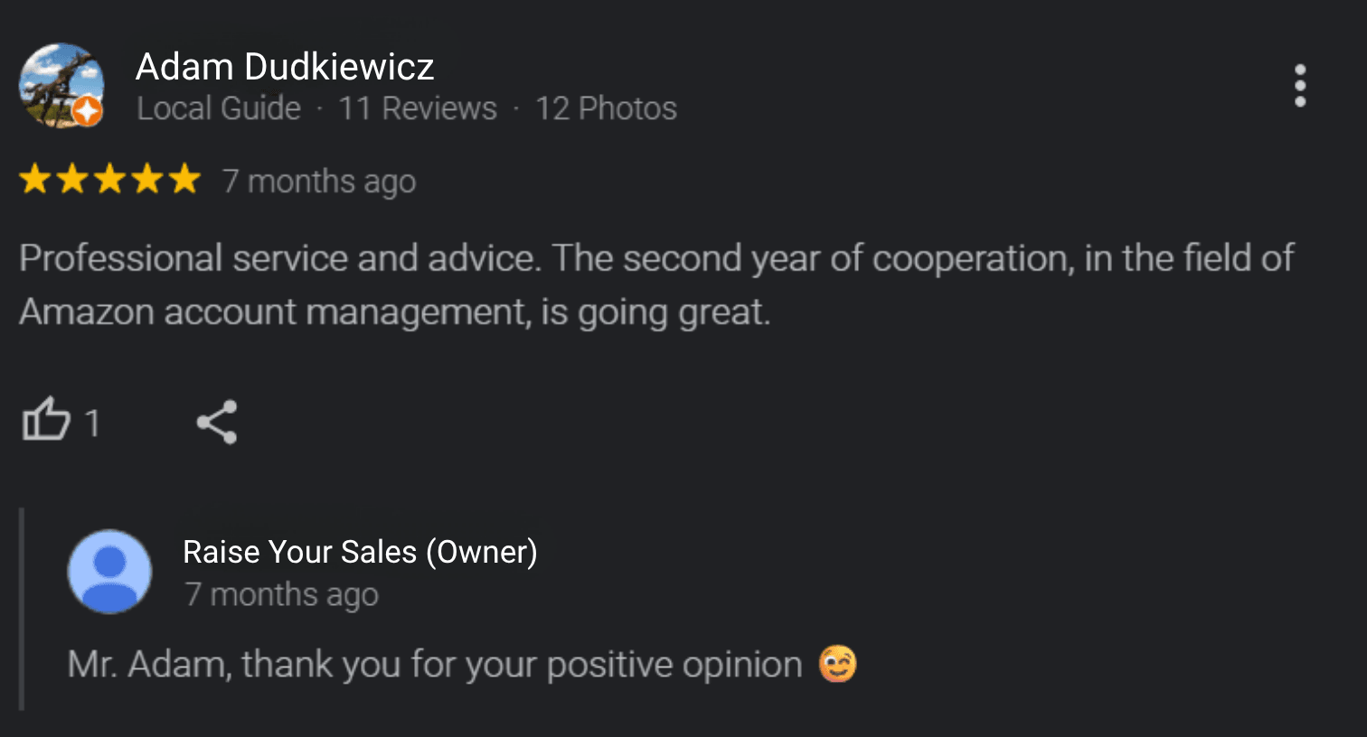 Opinión de Google de un cliente de la marca RoadEU sobre la colaboración con Raise Your Sales