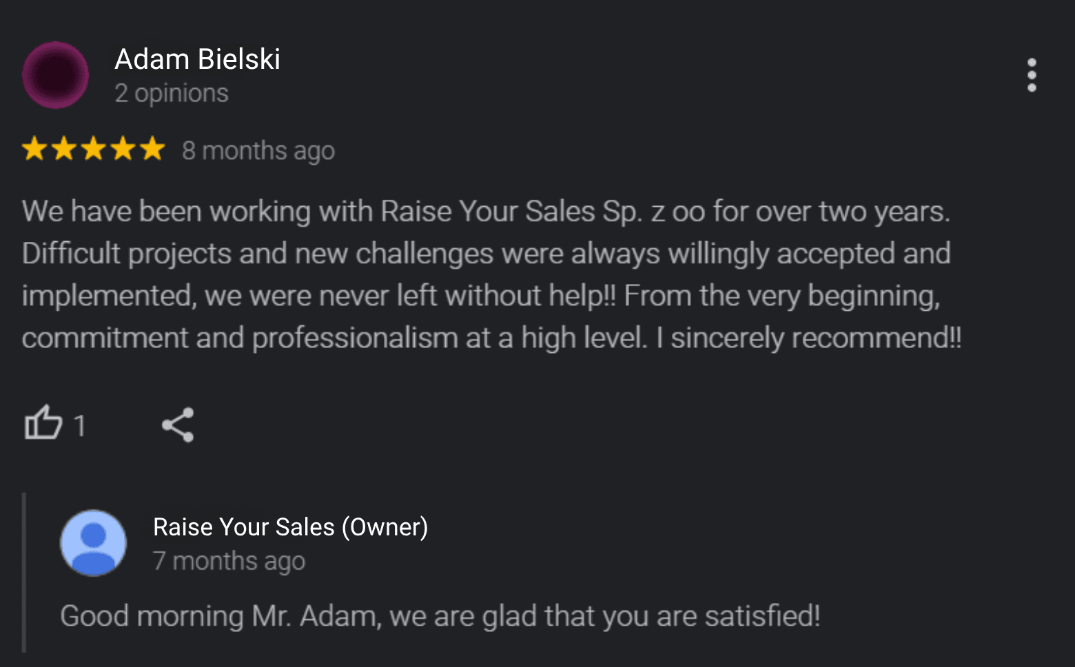 Opinión de Google de un cliente de la marca SuperProfile sobre la colaboración con Raise Your Sales