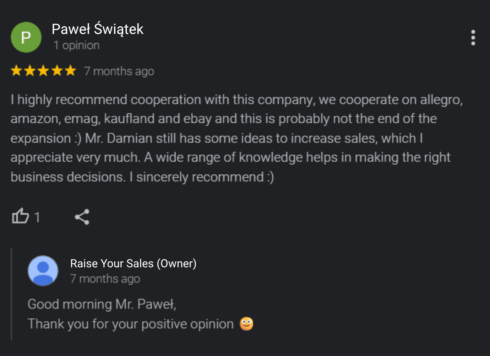 Opinión de Google de un cliente de la marca Taphiceros sobre la colaboración con Raise Your Sales