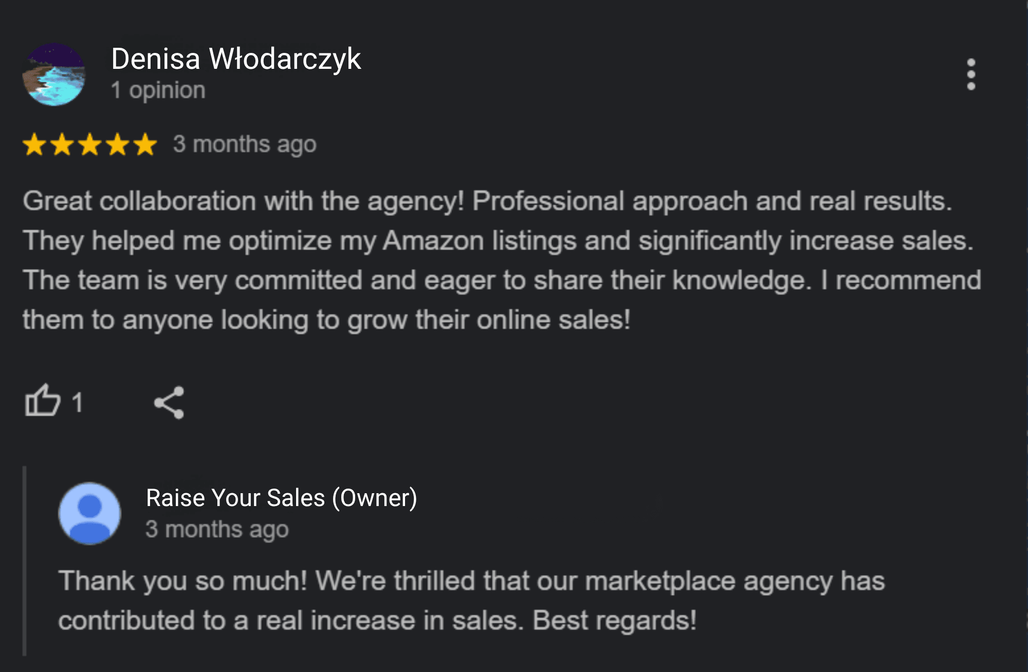 Opinión de Google de un cliente de la marca Wamar sobre la colaboración con Raise Your Sales
