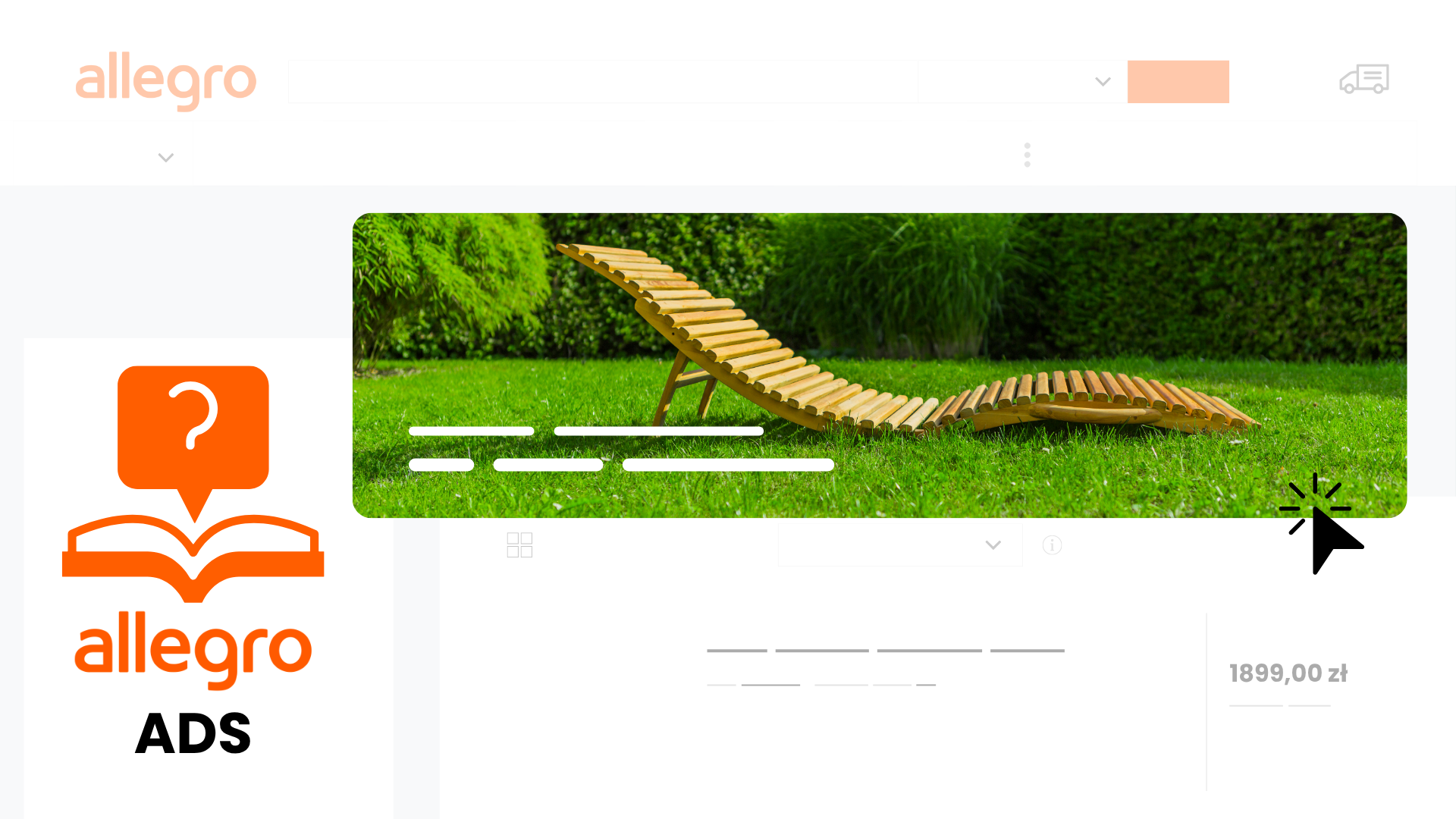 Maqueta de Allegro con banner gráfico: tumbona de madera en el césped y cursor que hace clic en el anuncio de Allegro ADS