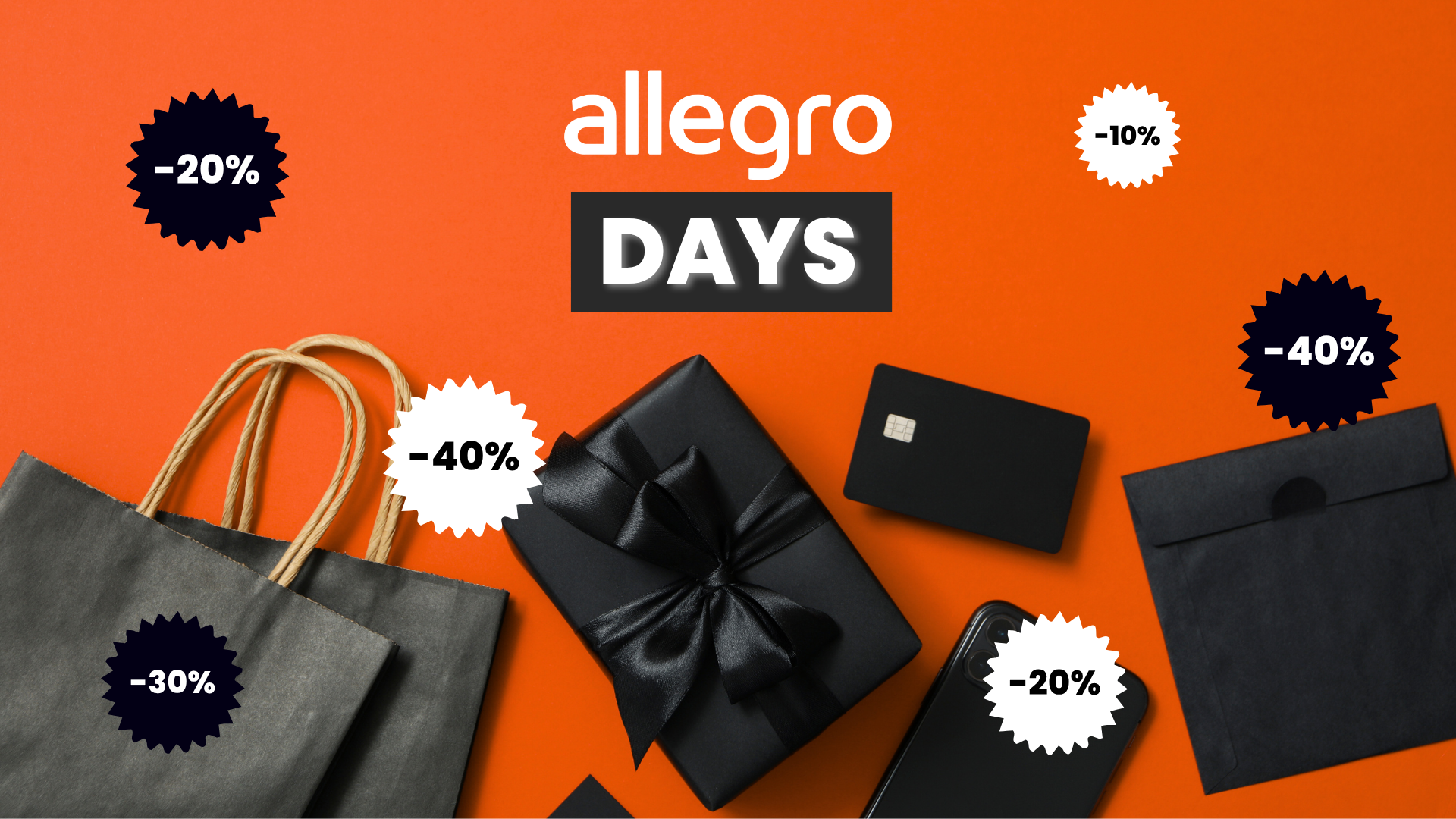 Logo de Allegro Days sobre fondo naranja, bolsas de compra, regalo, tarjeta de pago y sellos de descuento del -10 % al -40 %