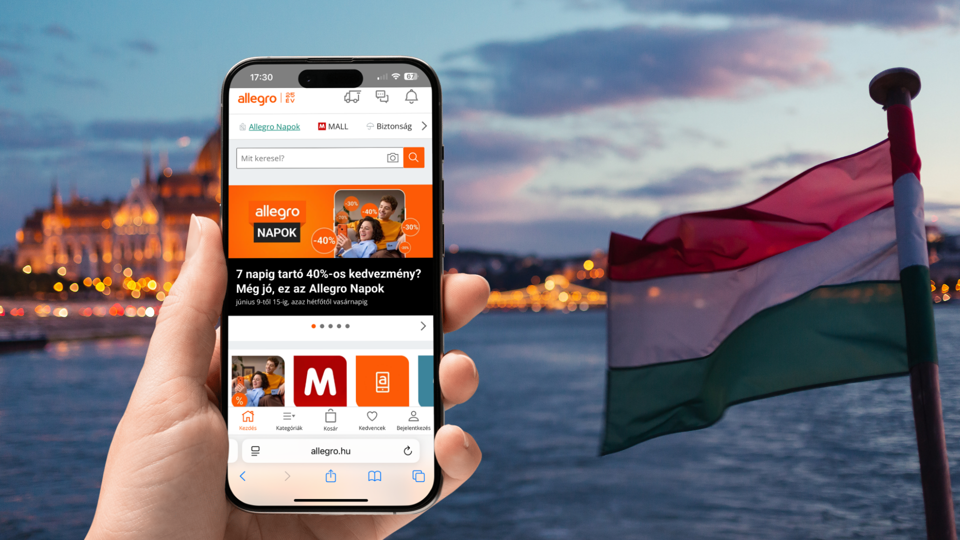 Móvil con el Allegro húngaro (allegro.hu) en la mano; al fondo, el Parlamento de Budapest iluminado y la bandera húngara