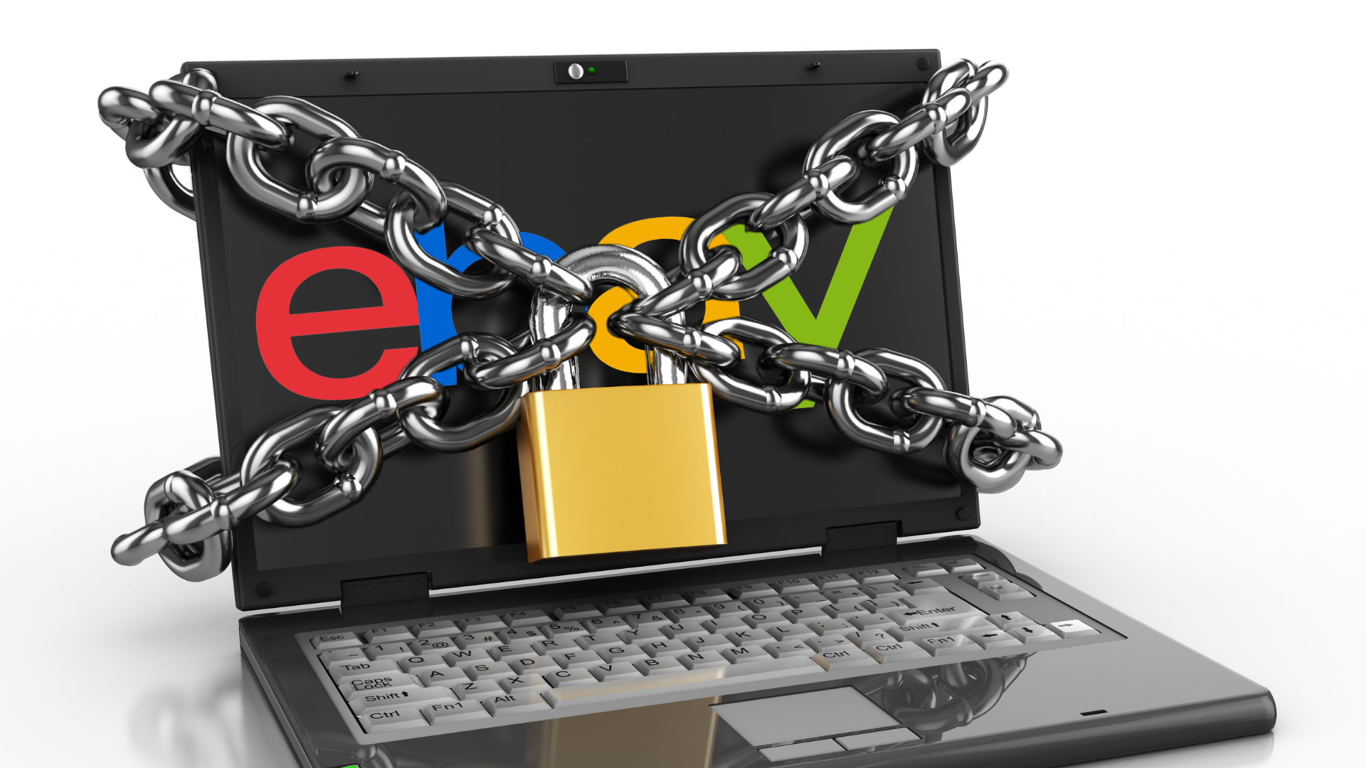 Portátil con el logo de eBay en la pantalla, envuelto en cadenas y con un candado dorado: símbolo del bloqueo de la cuenta