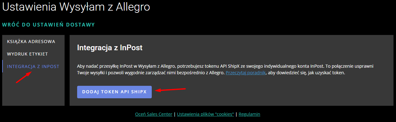 A continuación, selecciona Integracja z InPost y haz clic en Dodaj Token API (añadir token de API).