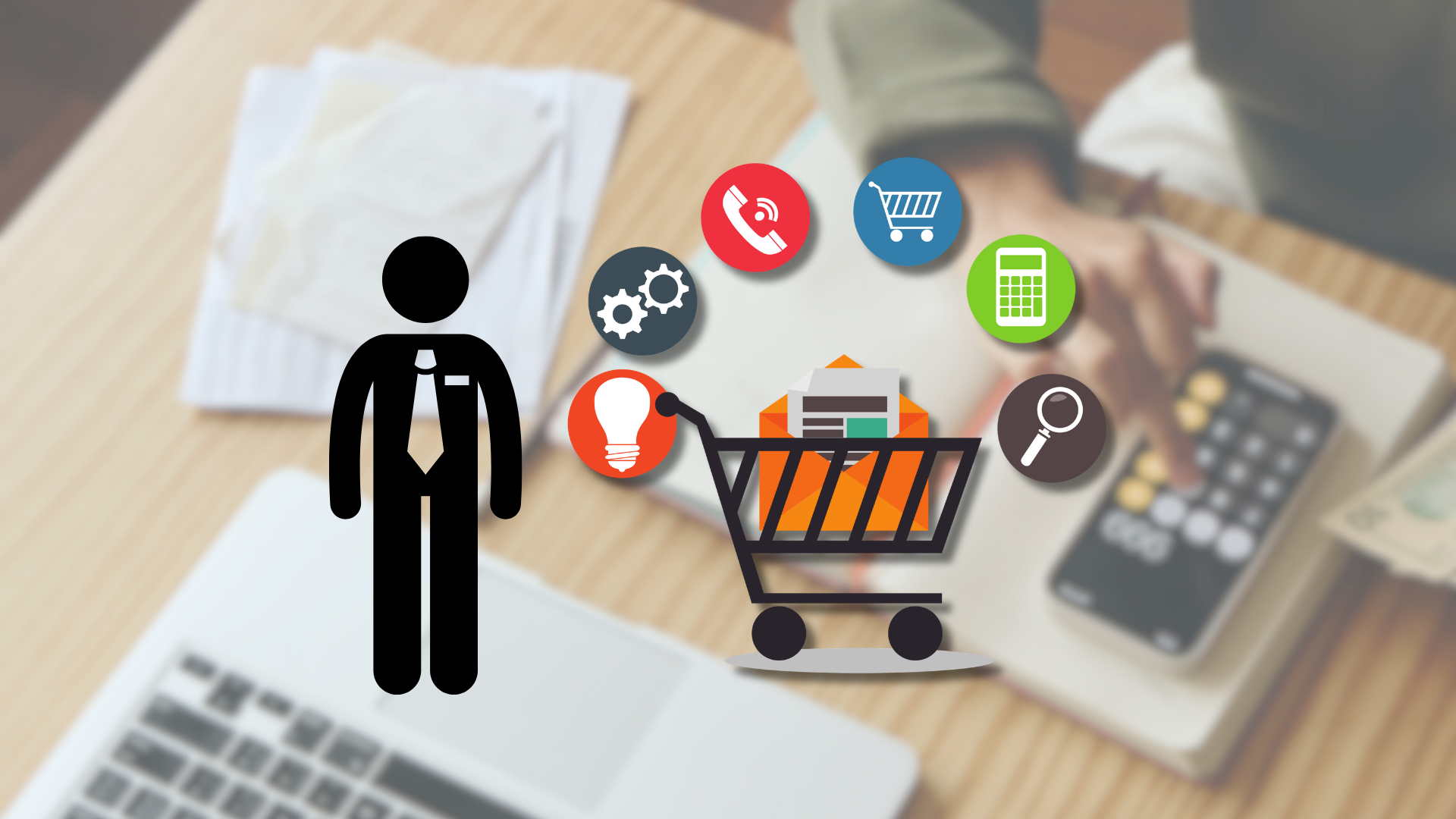 Pictograma de un directivo junto a un carrito con iconos de teléfono, calculadora y lupa – funciones del E-commerce Manager