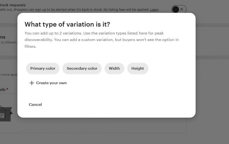 Si tu producto tiene distintas variantes de color/material/tamaño, puedes añadirlas haciendo clic en «Add variations».