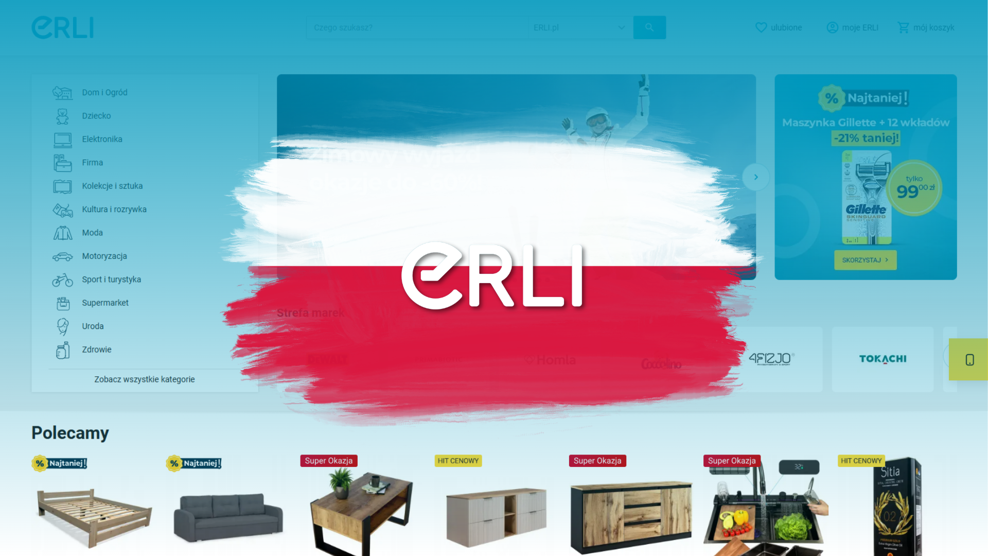 Logo de ERLI sobre la bandera blanca y roja; al fondo, erli.pl con las categorías Hogar y Jardín, Moda, Electrónica y Belleza