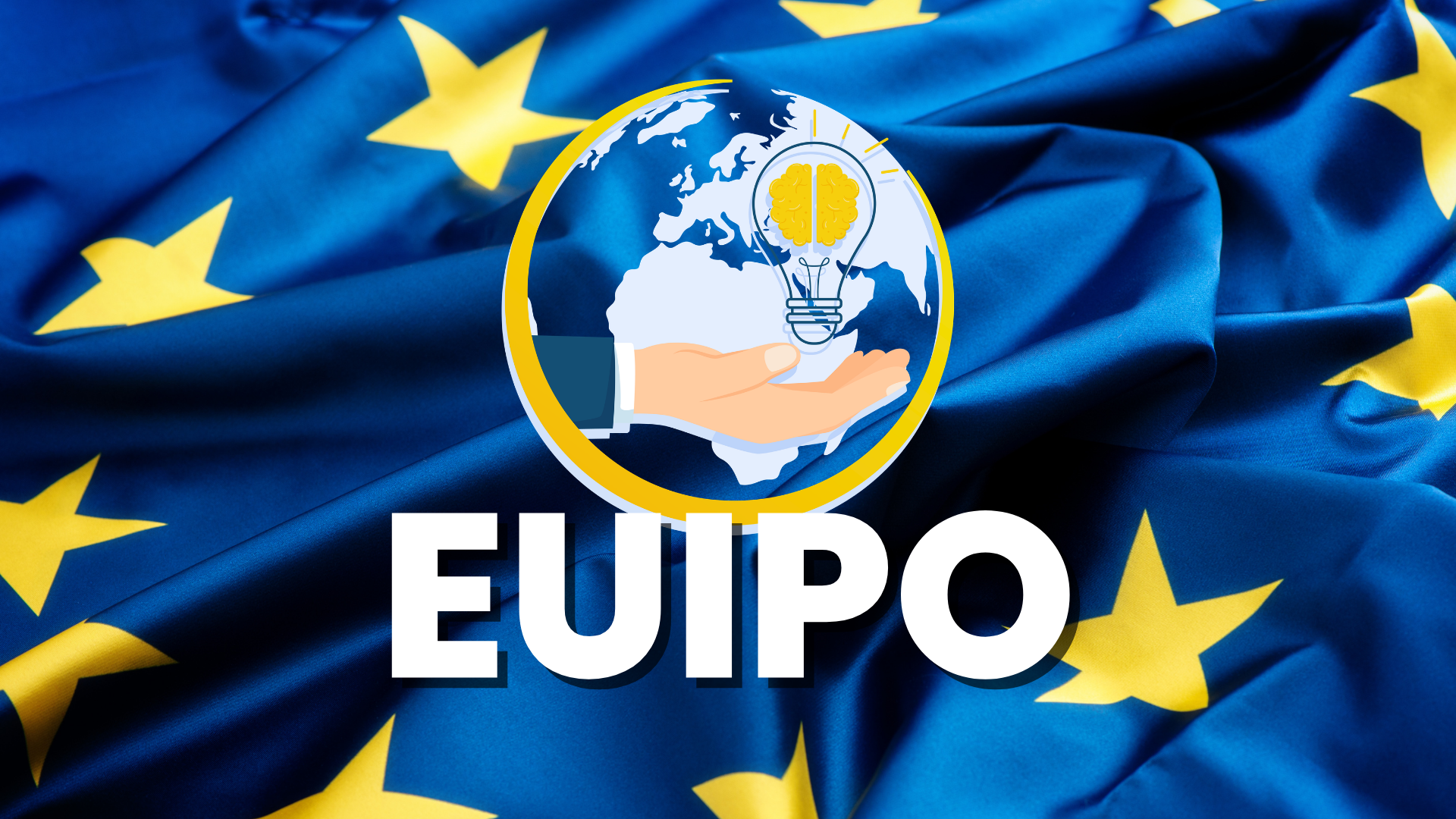 Mano que sostiene una bombilla con un cerebro ante el globo y la bandera de la UE, y rótulo blanco EUIPO: marca protegida