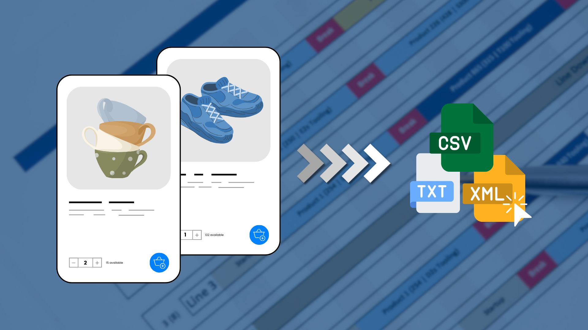 Fichas de producto con tazas y zapatillas azules, y flechas hacia los archivos CSV, TXT y XML del feed de productos