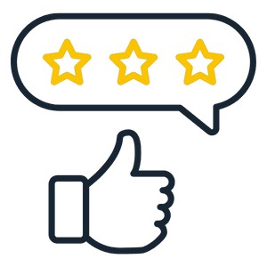 Icono: bocadillo de opinión con estrellas y pulgar hacia arriba