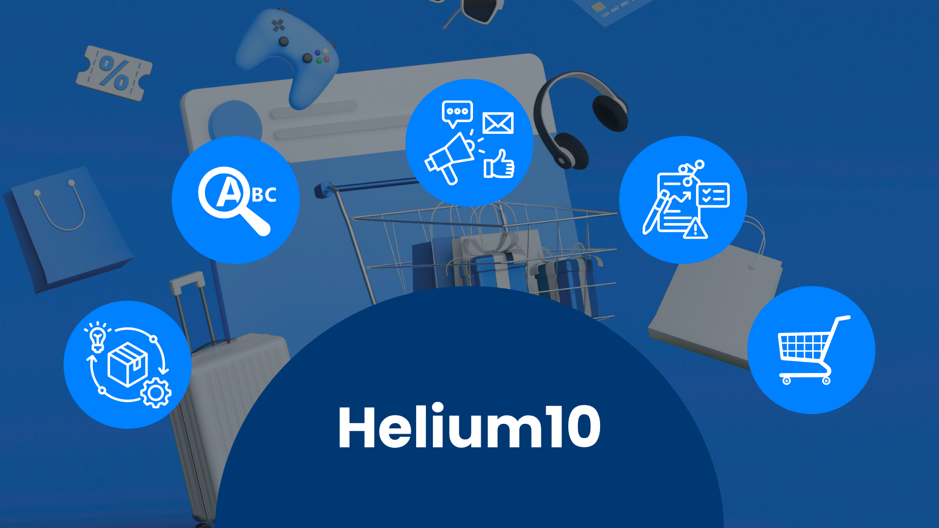 Rótulo Helium10 entre iconos de keyword research, publicidad, analítica y productos, con un carrito de la compra de fondo