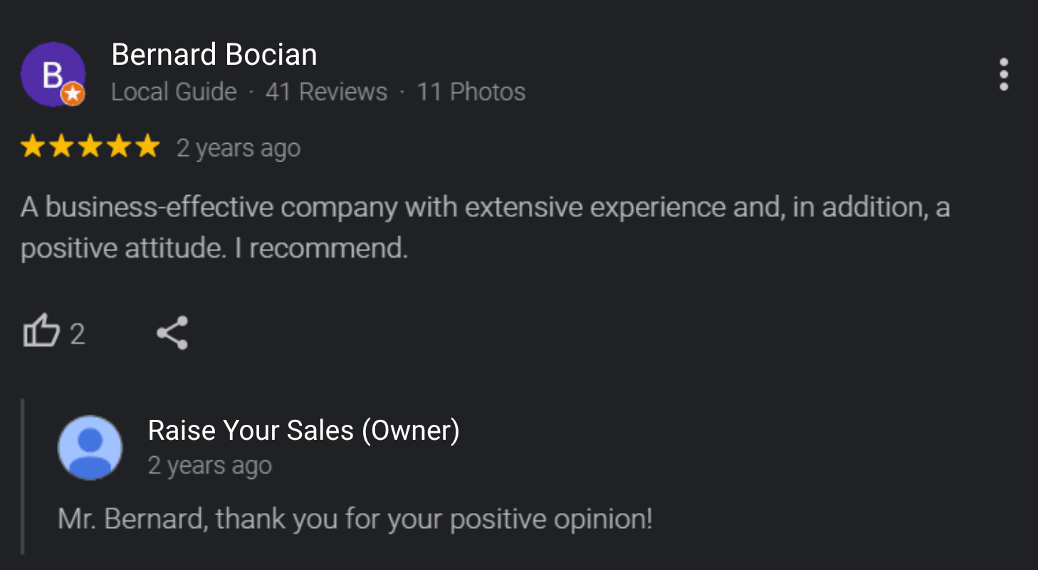 Opinión de Google de un cliente de la marca Meester sobre la colaboración con Raise Your Sales