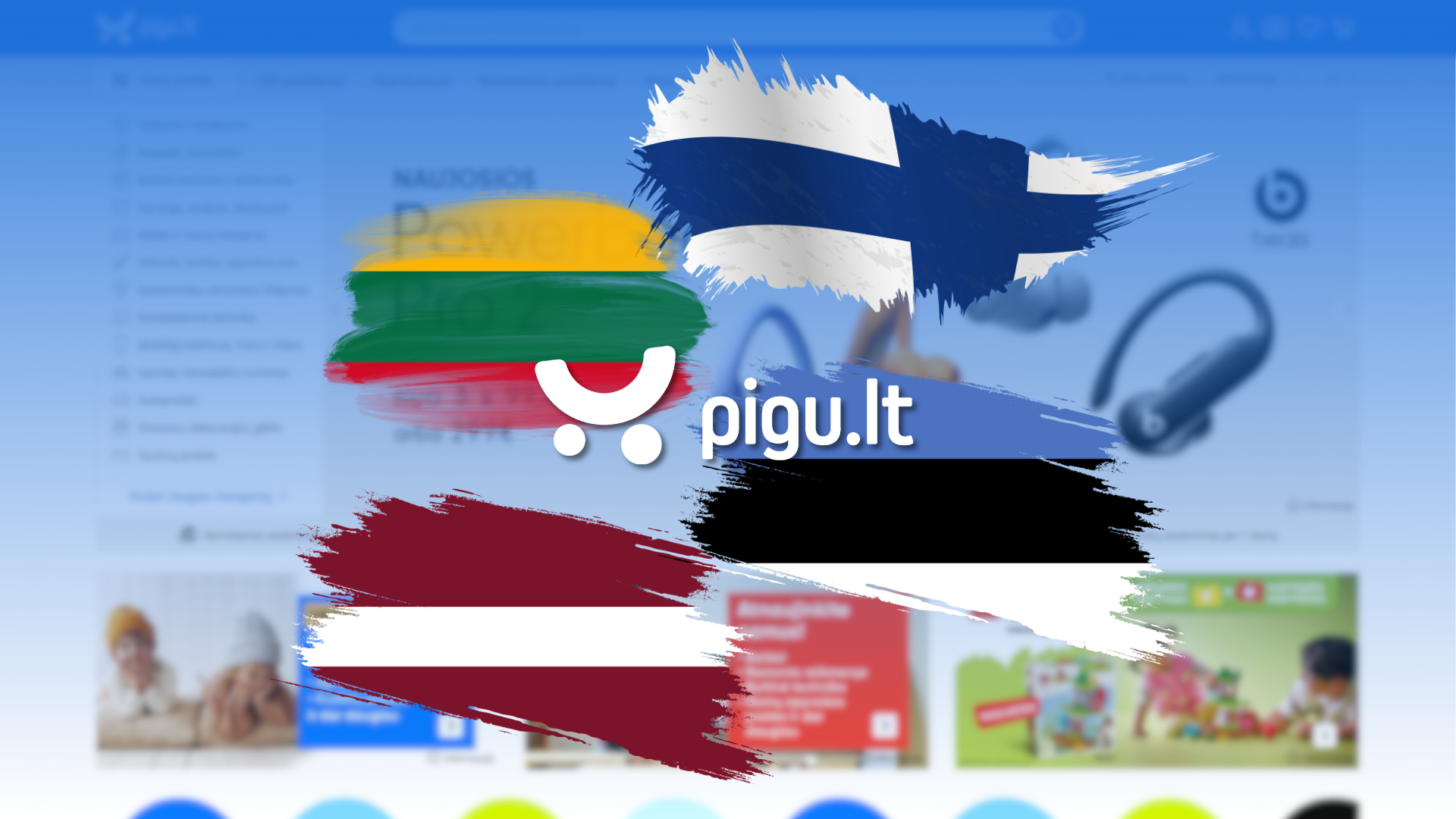 Logo de Pigu entre las banderas de Lituania, Letonia, Estonia y Finlandia, sobre la página de inicio desenfocada de pigu.lt