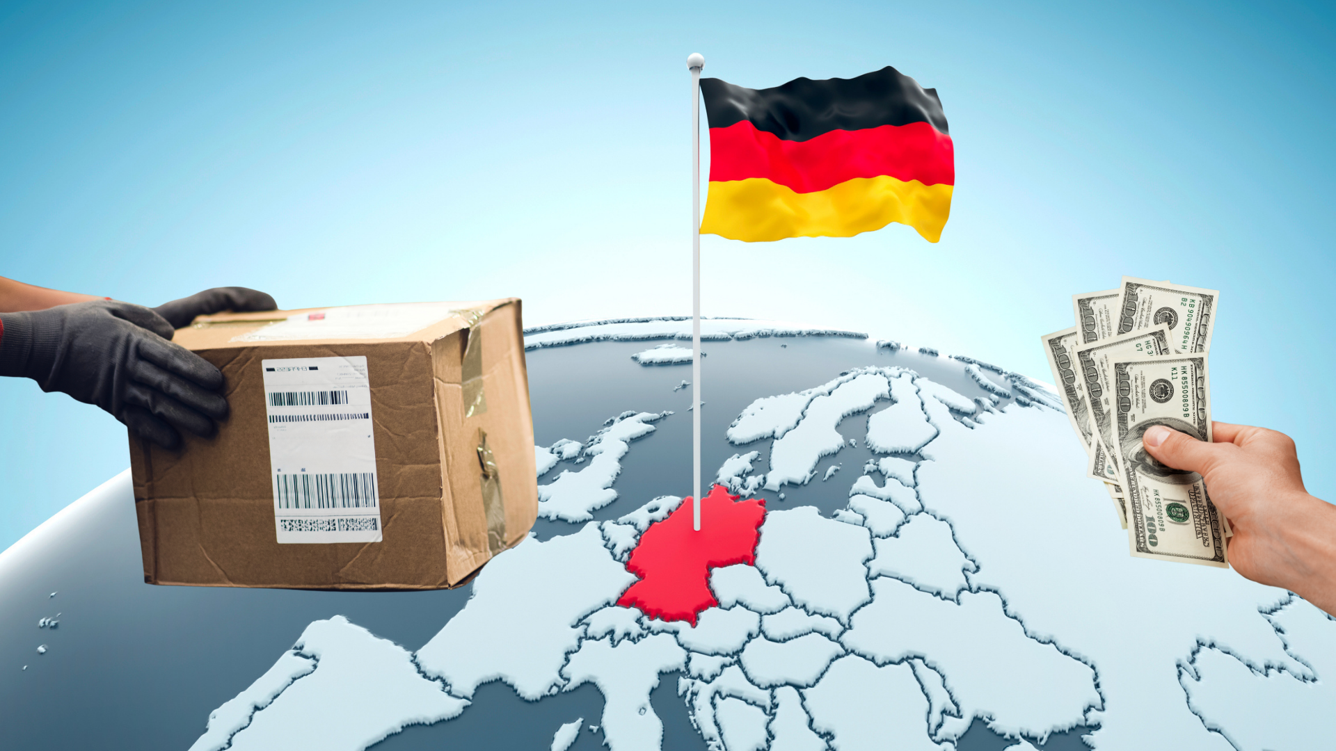 Vender en Alemania: bandera alemana clavada sobre Alemania en un mapa de Europa, paquete de mensajería y billetes en la mano