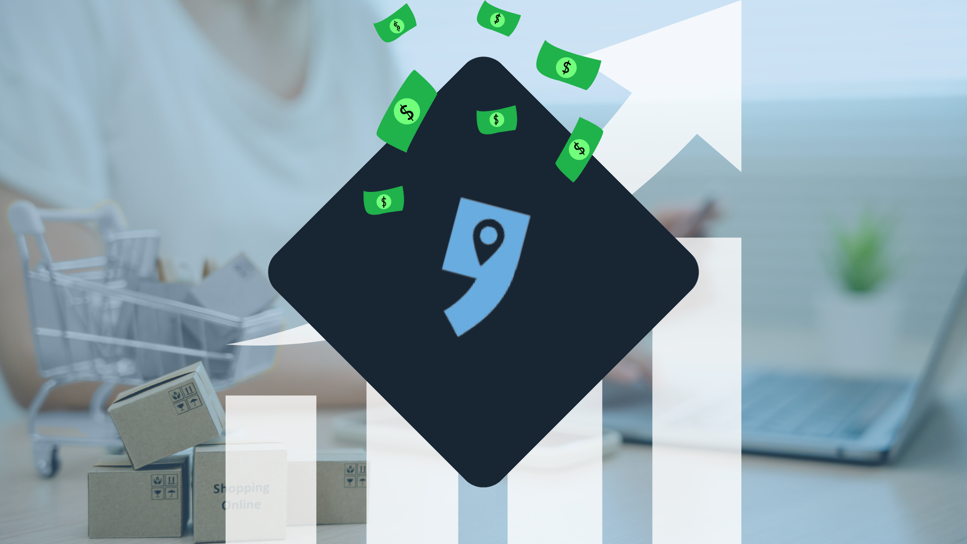 Logo de Empik en un rombo, billetes cayendo y un gráfico de barras ascendente – rentabilidad de vender en Empik Marketplace