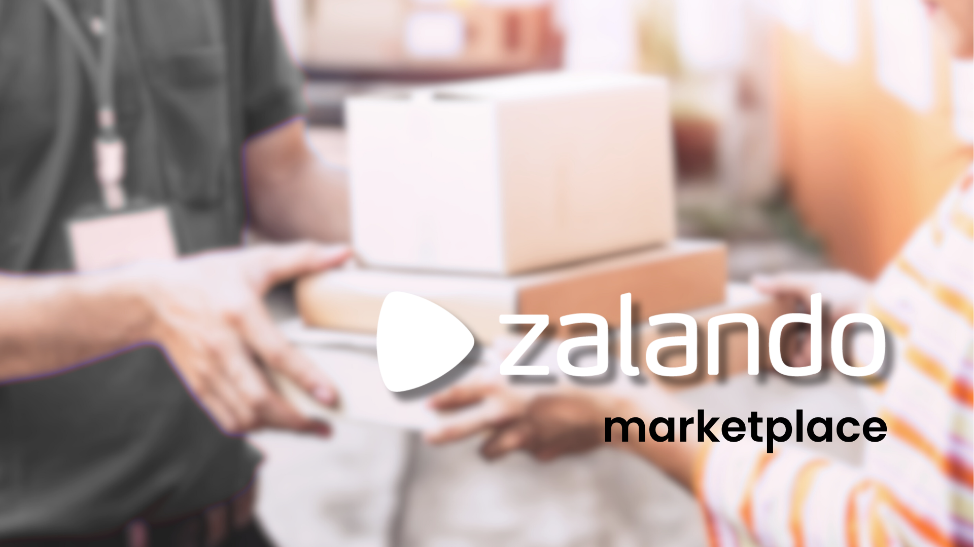 Repartidor con credencial entrega cajas de cartón a un cliente; en primer plano, el logo de Zalando y la palabra marketplace